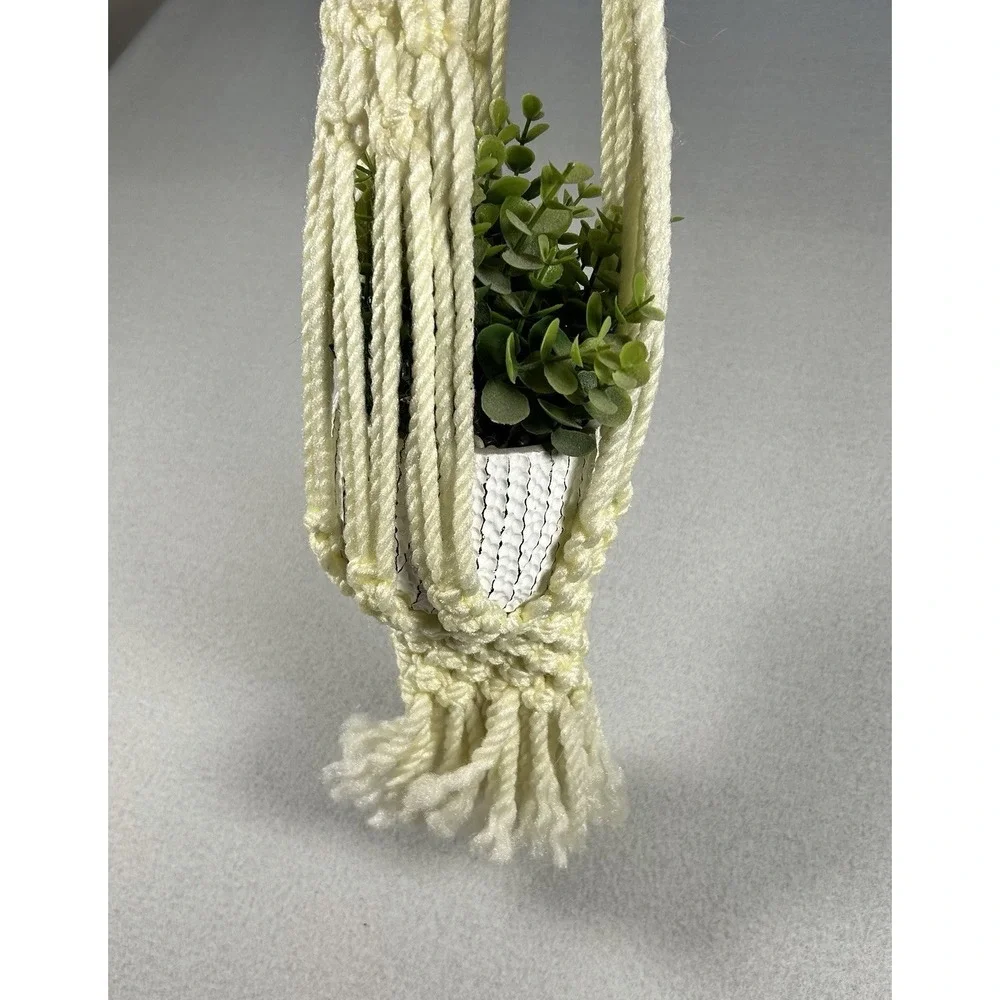 Vintage 1970s Macramé Plant Hanger Boho Yellow Rope with Wood Beads 62